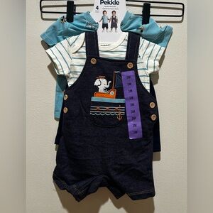NWT Pekkle 4 Piece Bundle Set - Overalls Shorts, Shorts & 2 Shirts - Boy’s 3 Mo